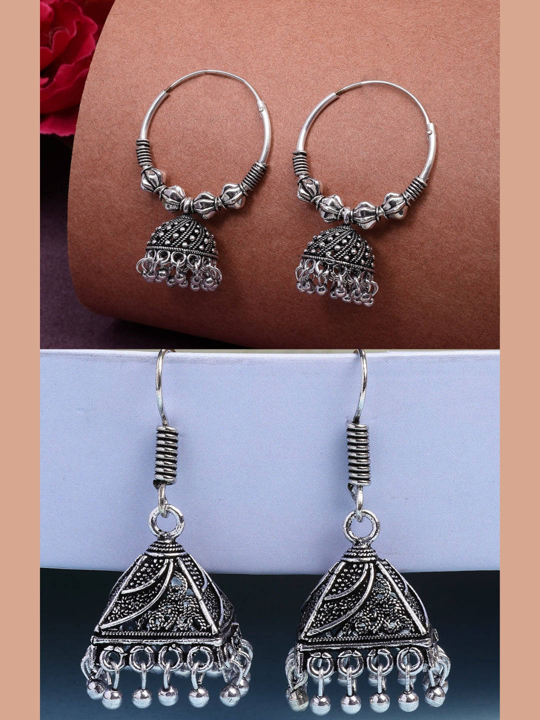 NVR Women's Set of 2 Ethnic Silver Plated Oxidized Circle Jhumka Earrings | Grocsy