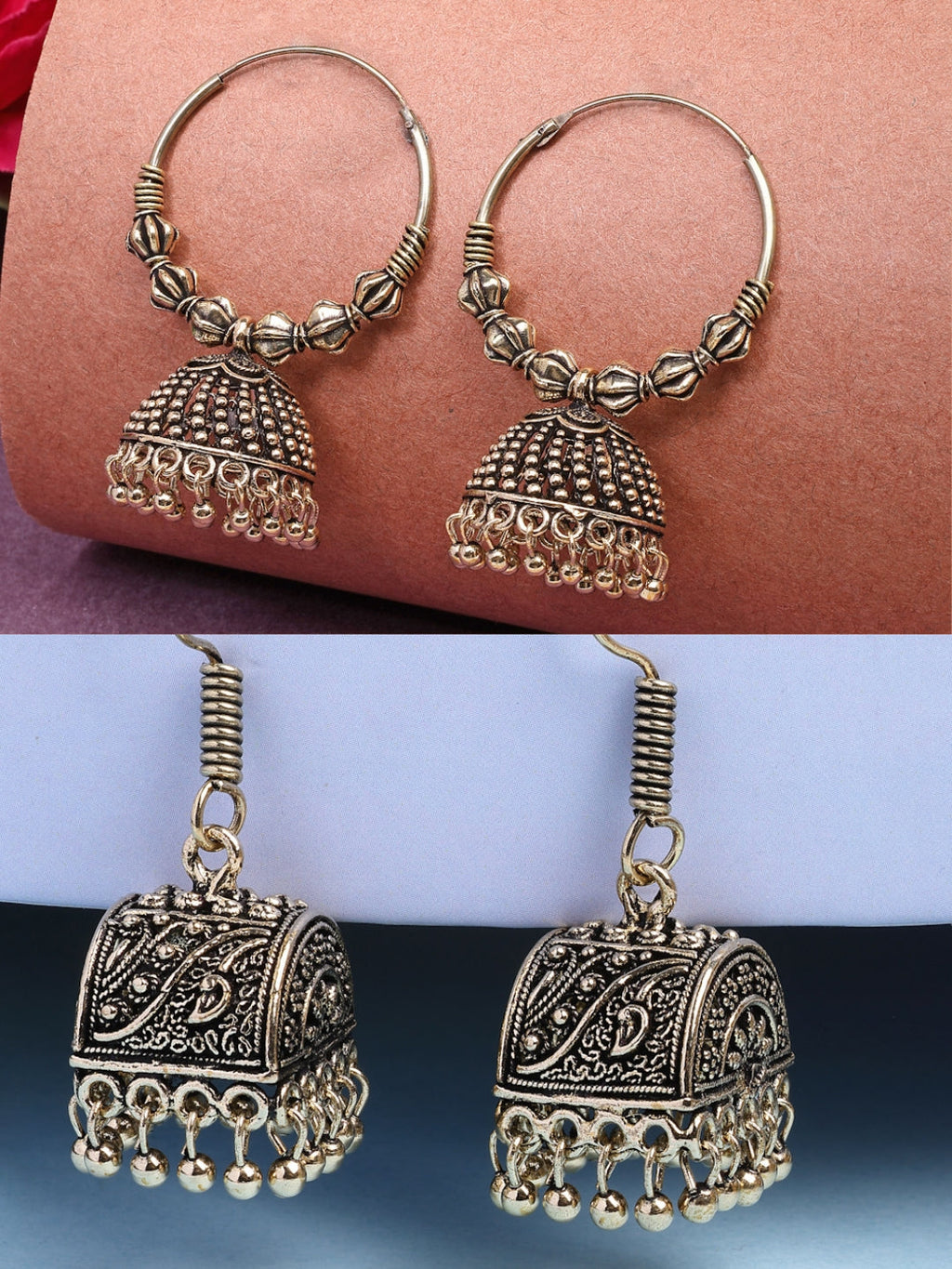NVR Women Set of 2 Gold-Polished Oxidized Contemporary Jhumka Earrings | Grocsy