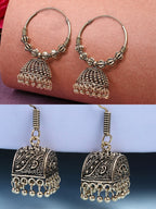 NVR Women Set of 2 Gold-Polished Oxidized Contemporary Jhumka Earrings | Grocsy