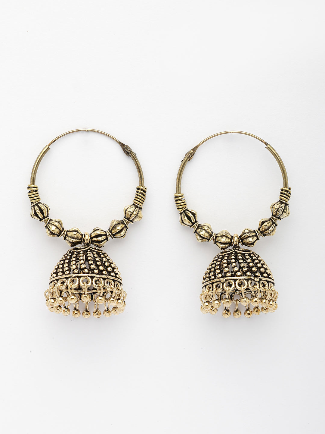 NVR Women Set of 2 Gold-Polished Oxidized Contemporary Jhumka Earrings | Grocsy