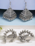 NVR Women Silver Toned Oxidized Set of 2 Jhumka & Drop Earrings | Grocsy
