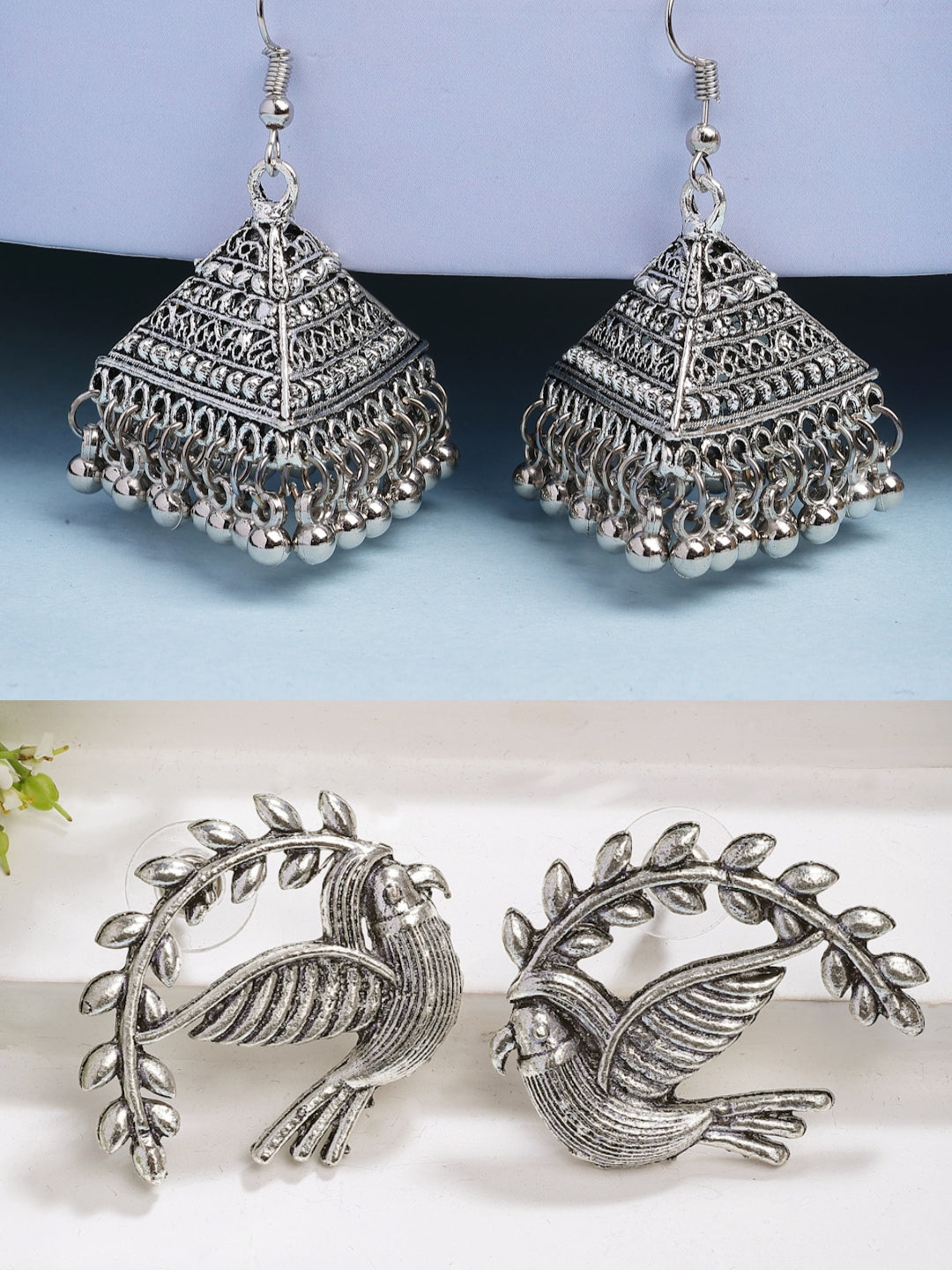 NVR Women Silver Toned Oxidized Set of 2 Jhumka & Drop Earrings | Grocsy