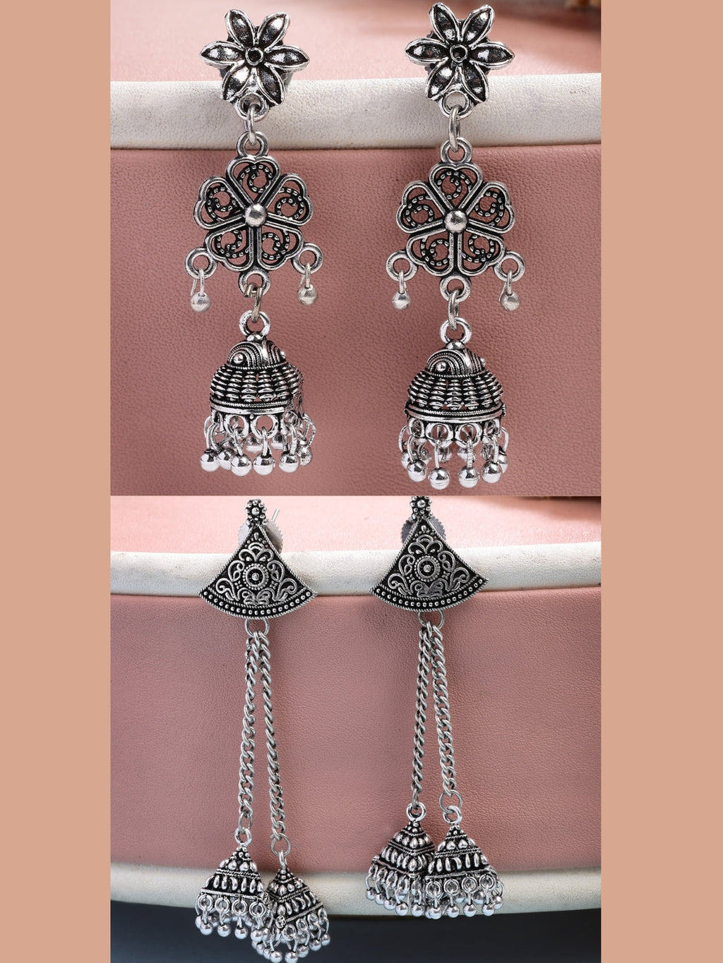 NVR Women Set of 2 Silver Toned Oxidized Jhumka Earrings | Grocsy