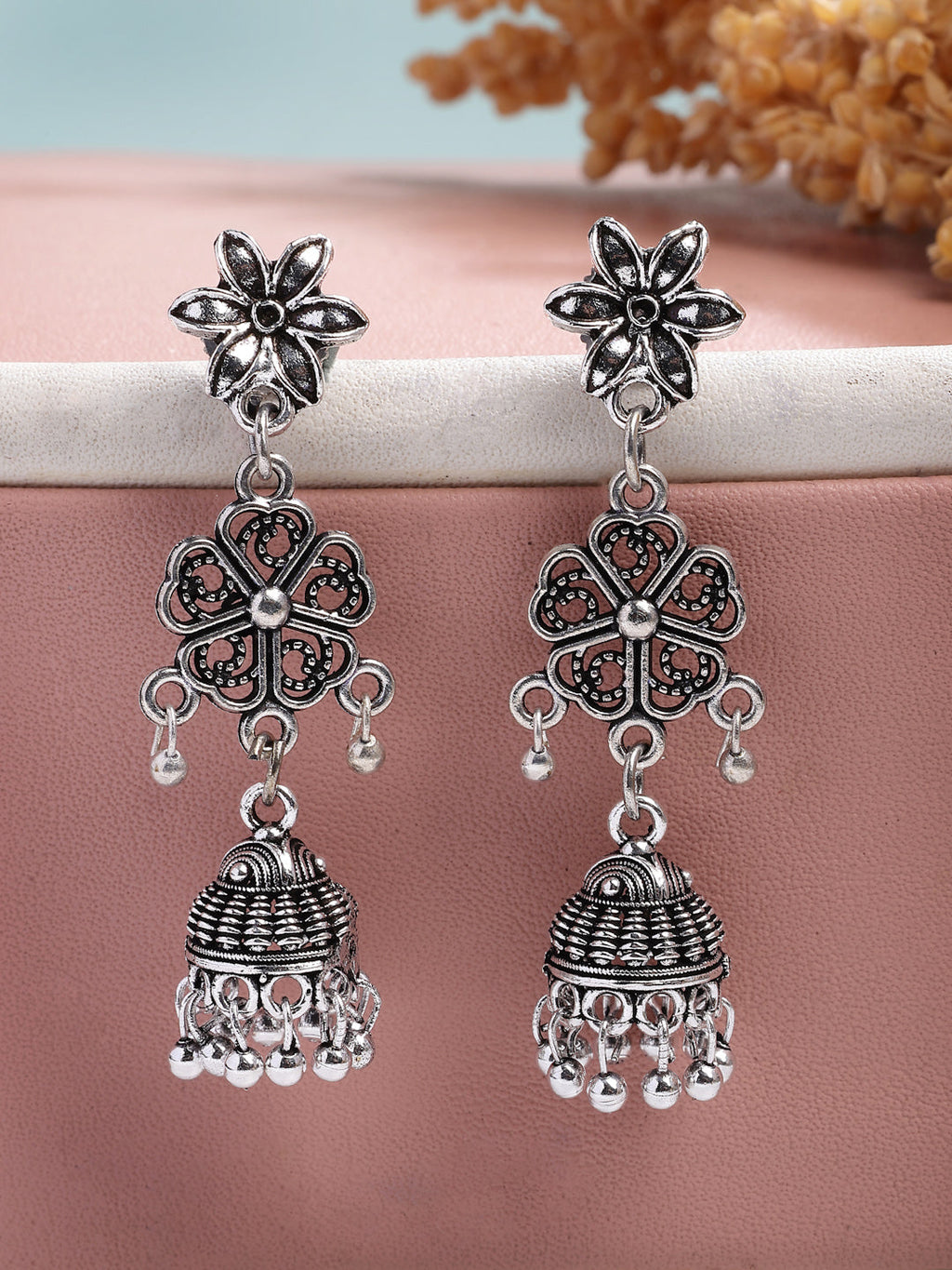 NVR Women Set of 2 Silver Toned Oxidized Jhumka Earrings | Grocsy