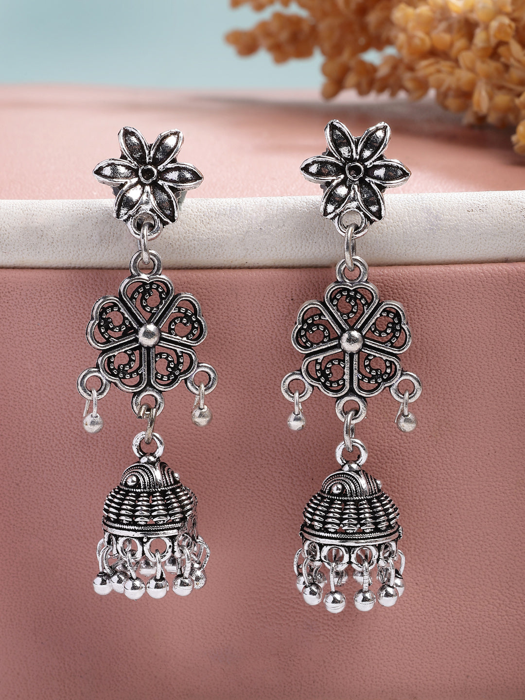 NVR Women Set of 2 Silver Toned Oxidized Jhumka Earrings | Grocsy