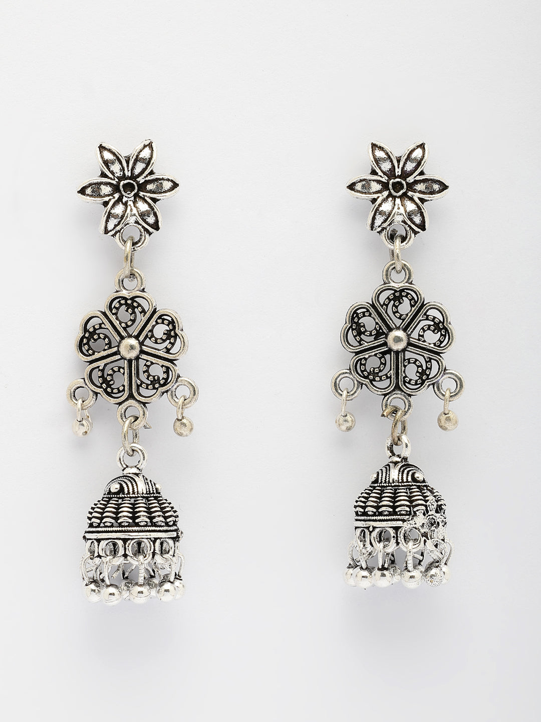 NVR Women Set of 2 Silver Toned Oxidized Jhumka Earrings | Grocsy