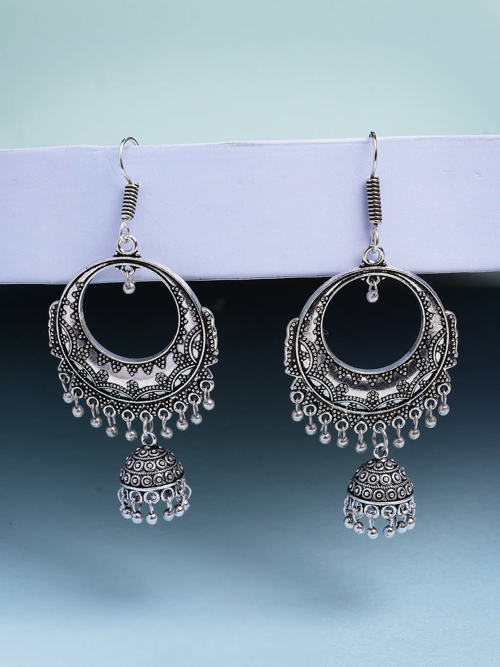 NVR Women's Set of 2 Silver Plated Oxidized Contemporary Jhumka Earrings