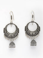 NVR Women's Set of 2 Silver Plated Oxidized Contemporary Jhumka Earrings
