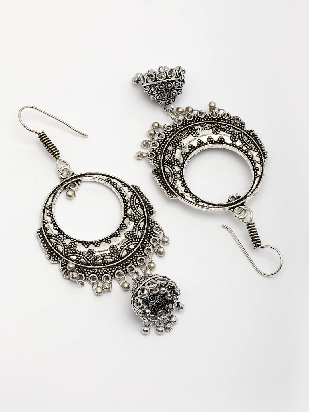 NVR Women's Set of 2 Silver Plated Oxidized Contemporary Jhumka Earrings