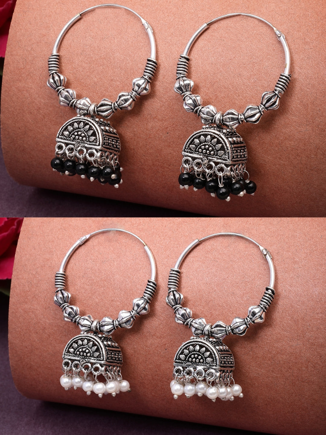 NVR Women Set of 2 Oxidized Silver Plated Artificial Beads Jhumka Earrings | Grocsy