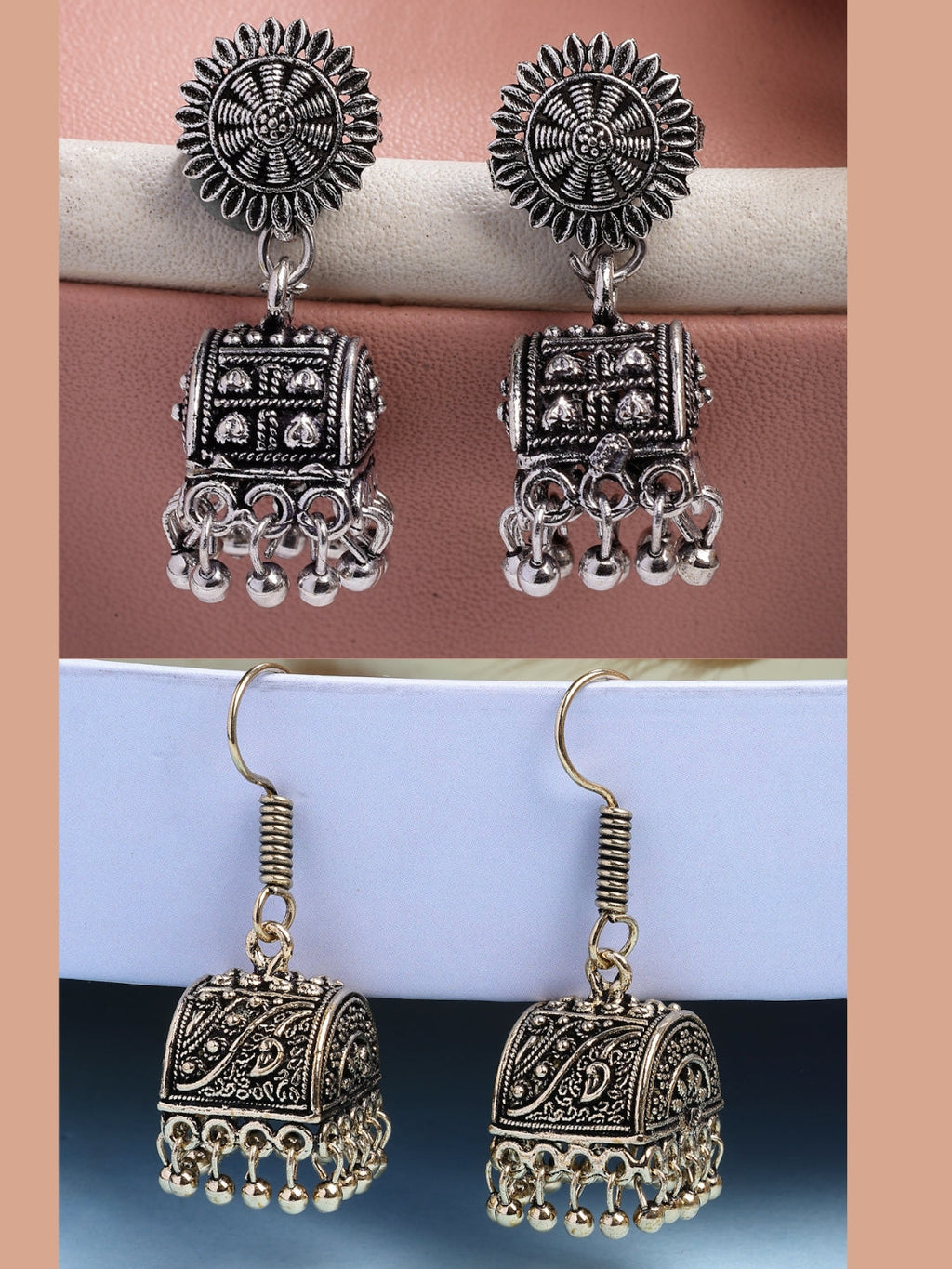 NVR Women Set of 2 Oxidized Contemporary Jhumka Earrings