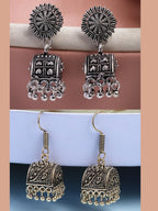 NVR Women Set of 2 Oxidized Contemporary Jhumka Earrings