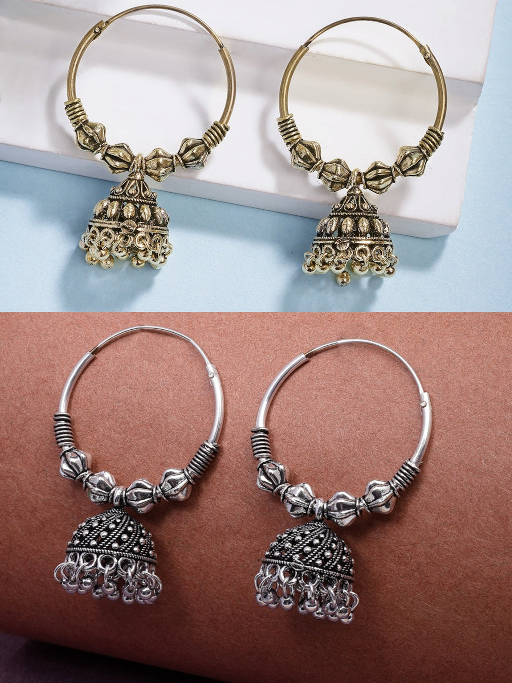 NVR Women's Traditional Set of 2 Oxidized Jhumka Earrings | Grocsy