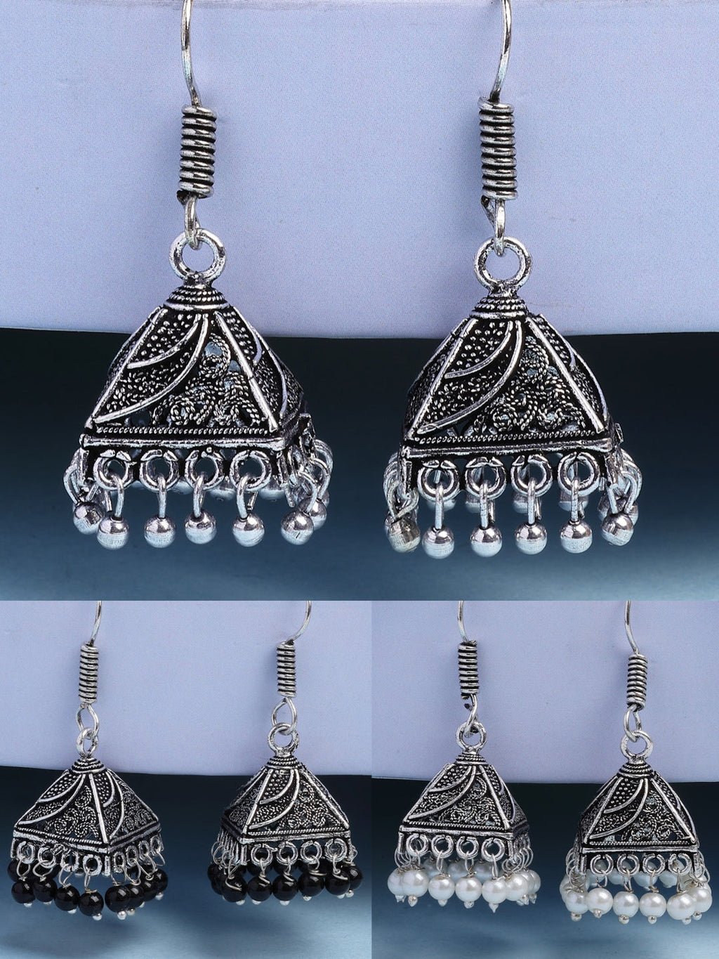 NVR Women's Set of 3 Oxidized Silver Plated Artificial Beads Jhumka Earrings | Grocsy