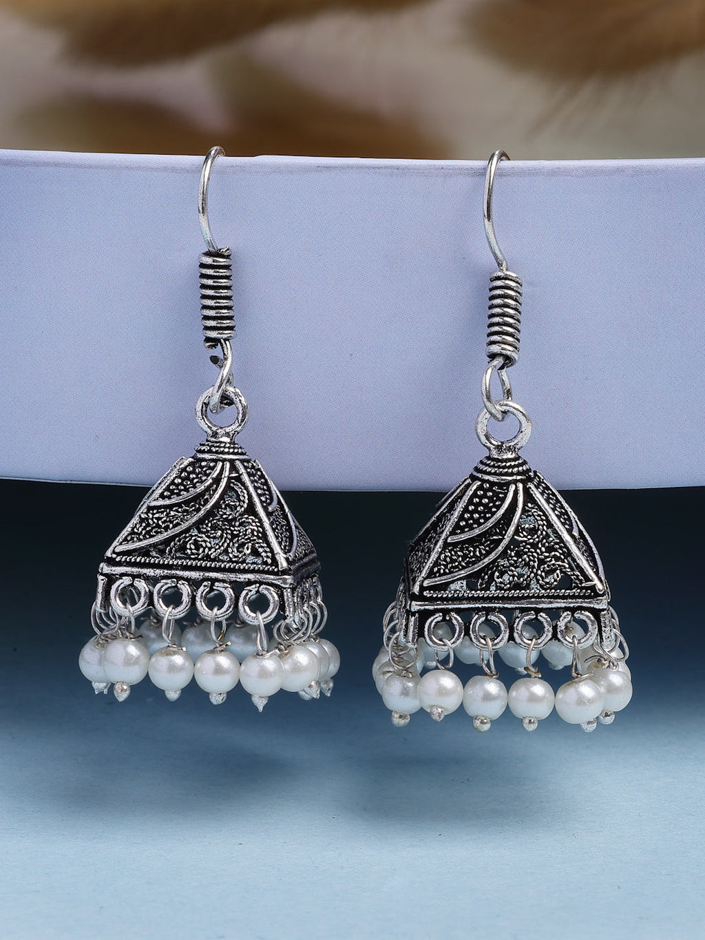 NVR Women's Set of 3 Oxidized Silver Plated Artificial Beads Jhumka Earrings | Grocsy