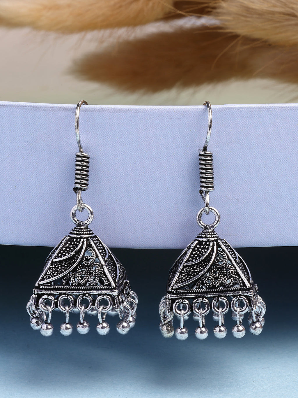 NVR Women's Set of 3 Oxidized Silver Plated Artificial Beads Jhumka Earrings | Grocsy