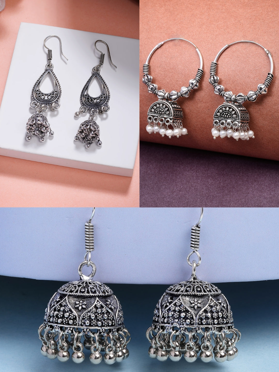 NVR Women Set of 3 German Silver Oxidized Traditional Jhumka Earrings | Grocsy