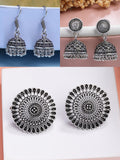 NVR Women Set of 3 Silver Plated Round Shape Oxidized Traditional Jhumka & Stud Earrings | Grocsy