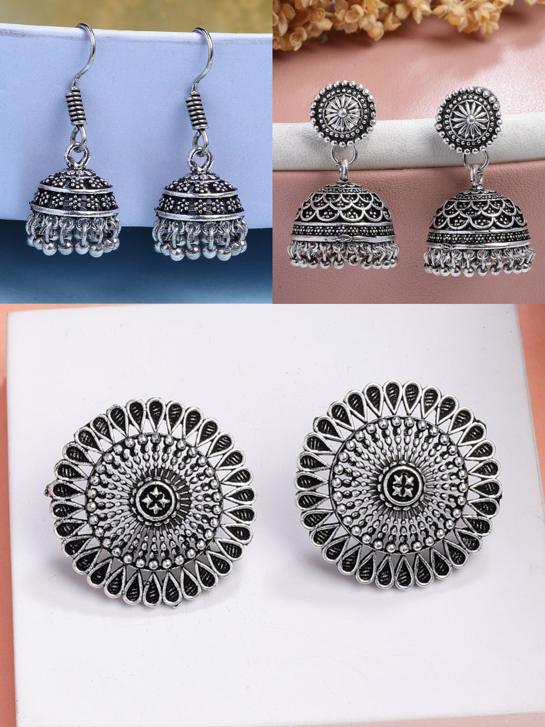 NVR Women Set of 3 Silver Plated Round Shape Oxidized Traditional Jhumka & Stud Earrings | Grocsy