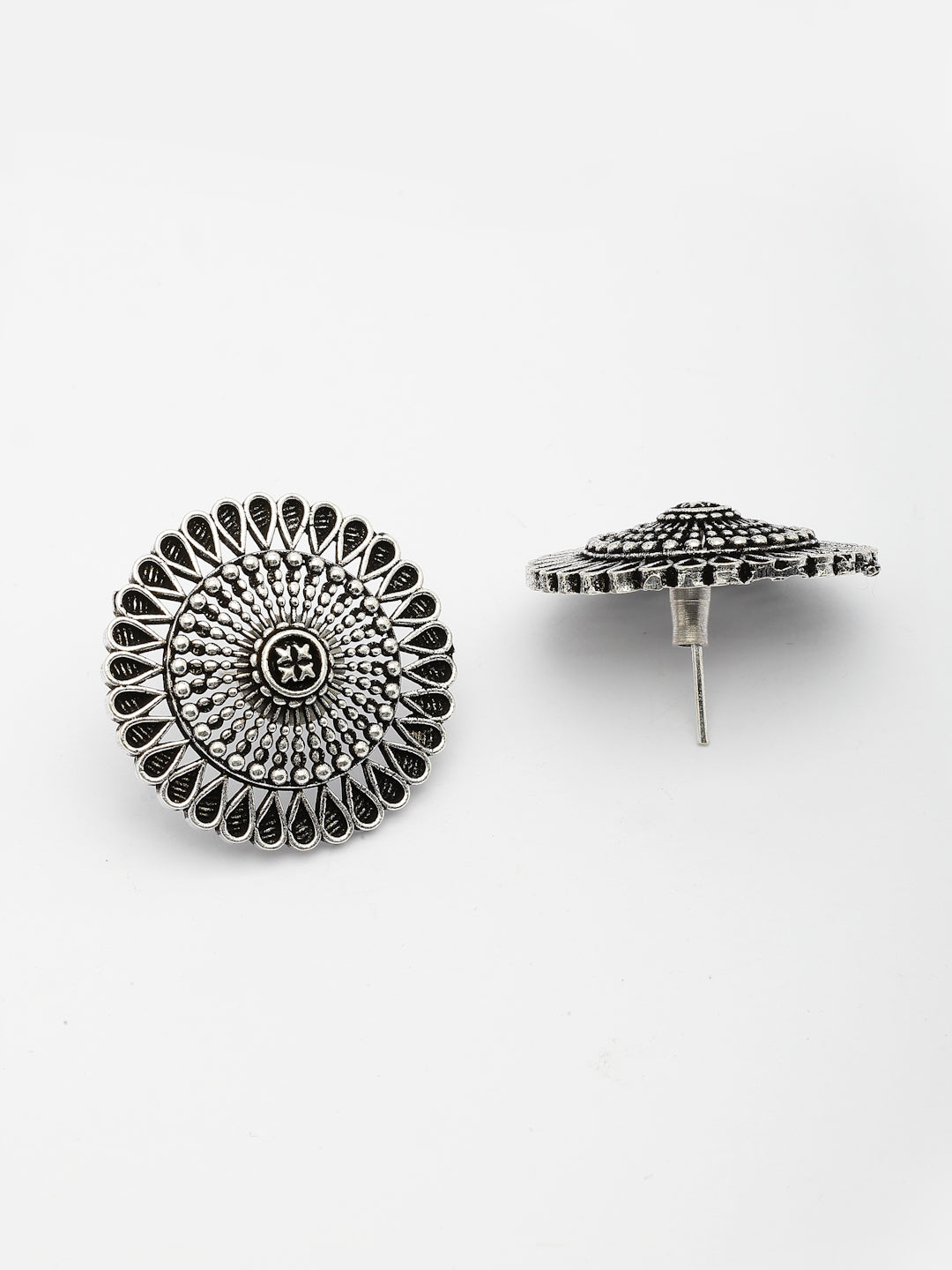NVR Women Set of 3 Silver Plated Round Shape Oxidized Traditional Jhumka & Stud Earrings | Grocsy