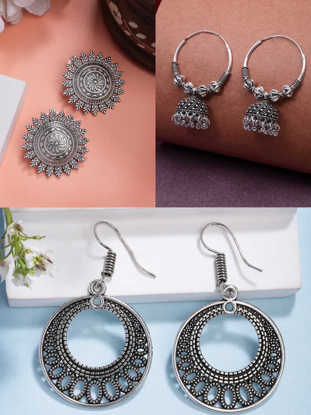NVR Women Set of 3 Silver Plated Oxidized Traditional Earrings | Grocsy