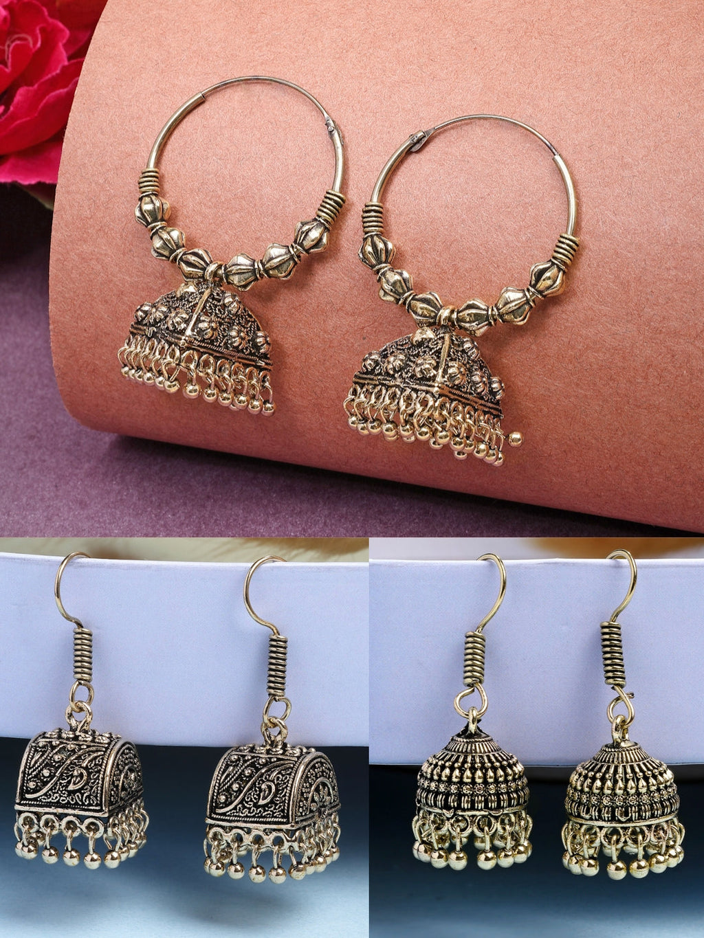 NVR Women Set of 3 Gold-Polished Oxidized Contemporary Jhumka Earrings | Grocsy