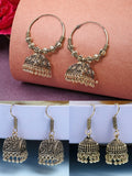 NVR Women Set of 3 Gold-Polished Oxidized Contemporary Jhumka Earrings | Grocsy