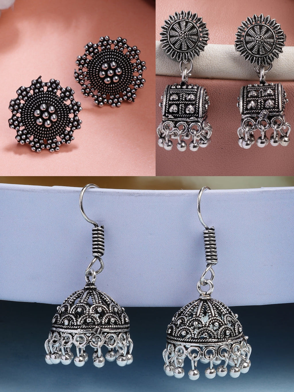 NVR Women Set of 3 Silver-Plated Oxidized Contemporary Jhumkas & Stud Earrings | Grocsy
