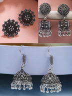 NVR Women Set of 3 Silver-Plated Oxidized Contemporary Jhumkas & Stud Earrings | Grocsy