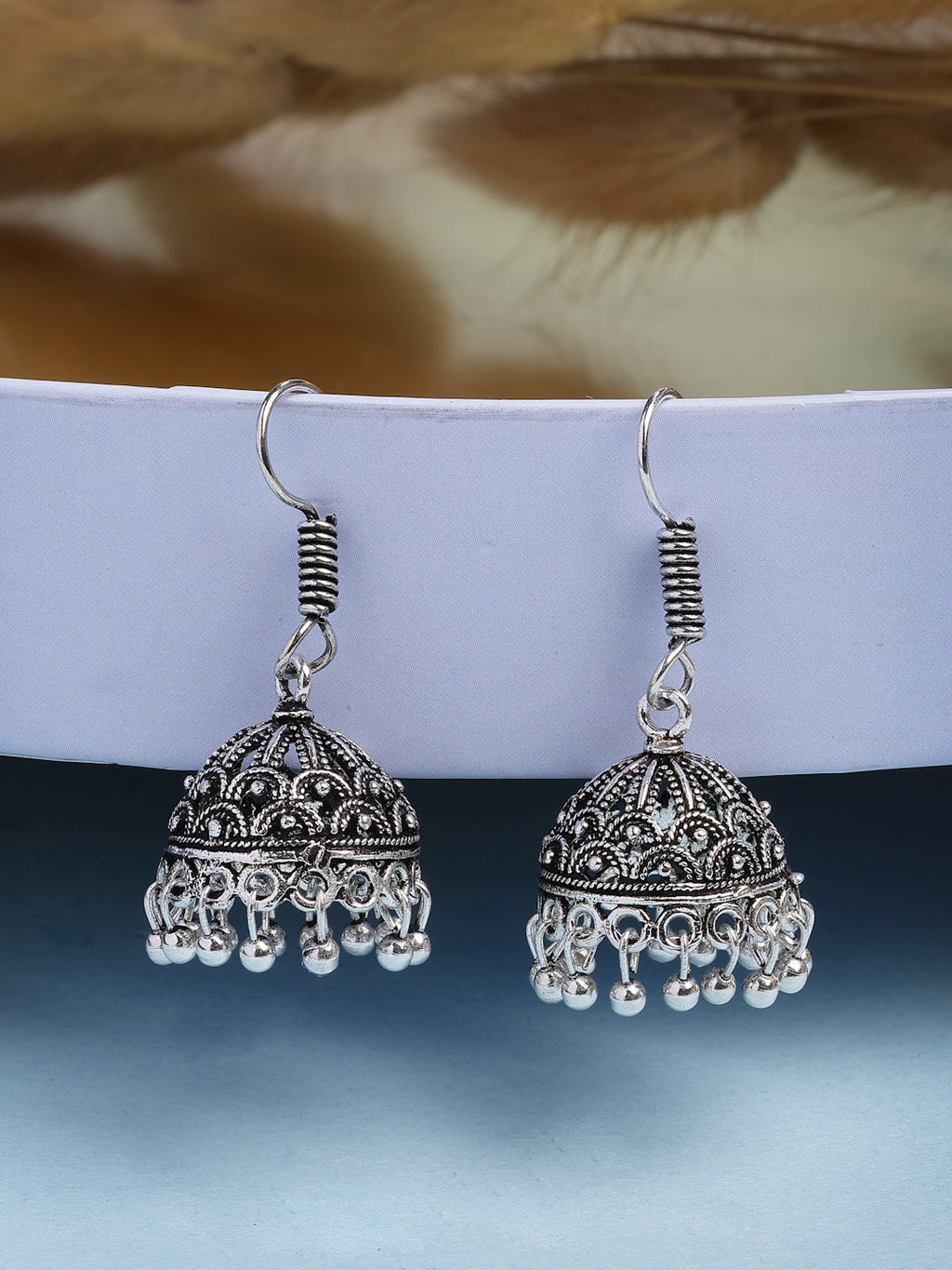 NVR Women Set of 3 Silver-Plated Oxidized Contemporary Jhumkas & Stud Earrings | Grocsy