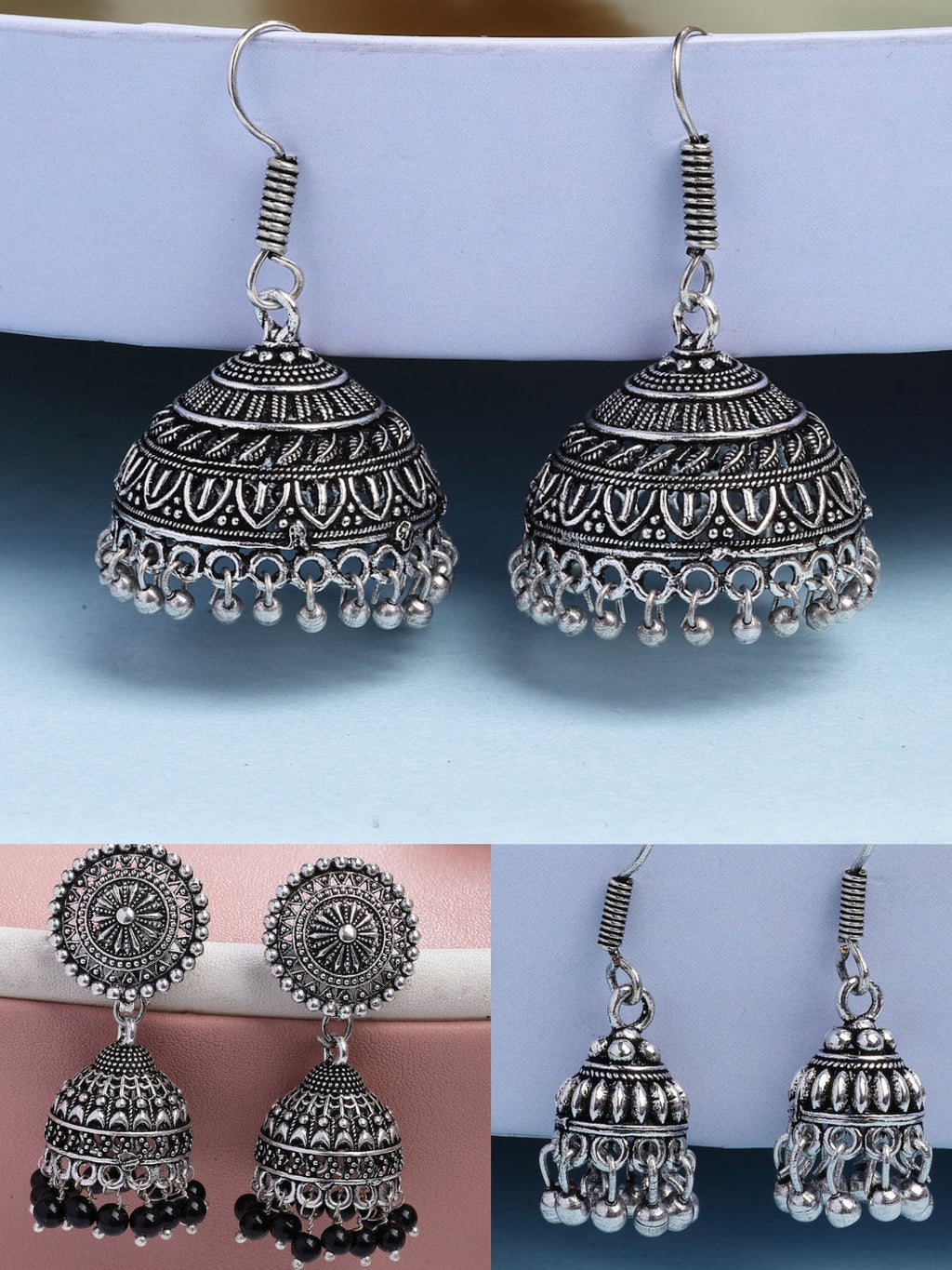 NVR Women's Set of 3 Traditional Silver Plated Oxidized Jhumka Earrings | Grocsy