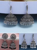 NVR Women's Set of 3 Traditional Silver Plated Oxidized Jhumka Earrings | Grocsy