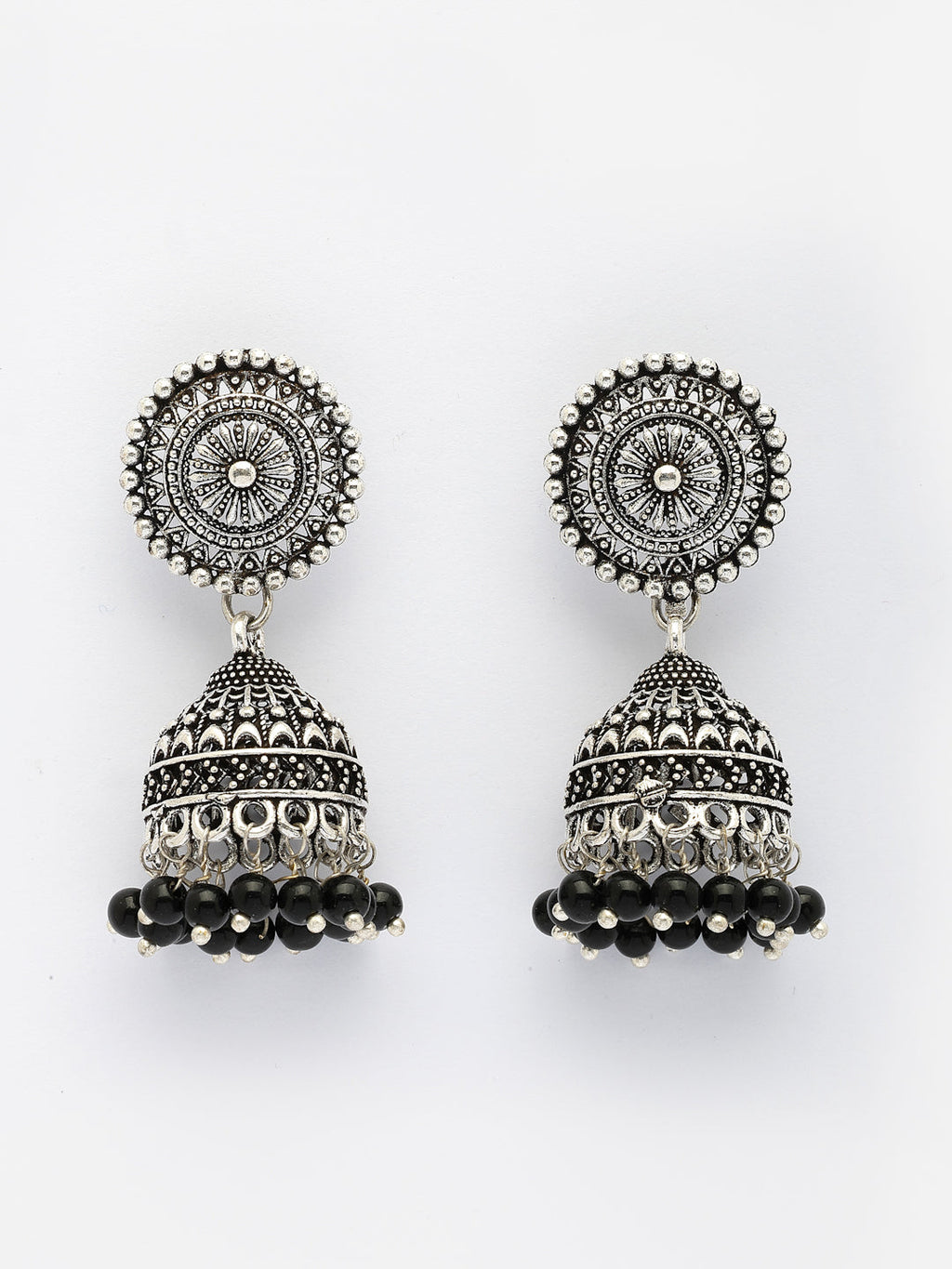 NVR Women's Set of 3 Traditional Silver Plated Oxidized Jhumka Earrings | Grocsy