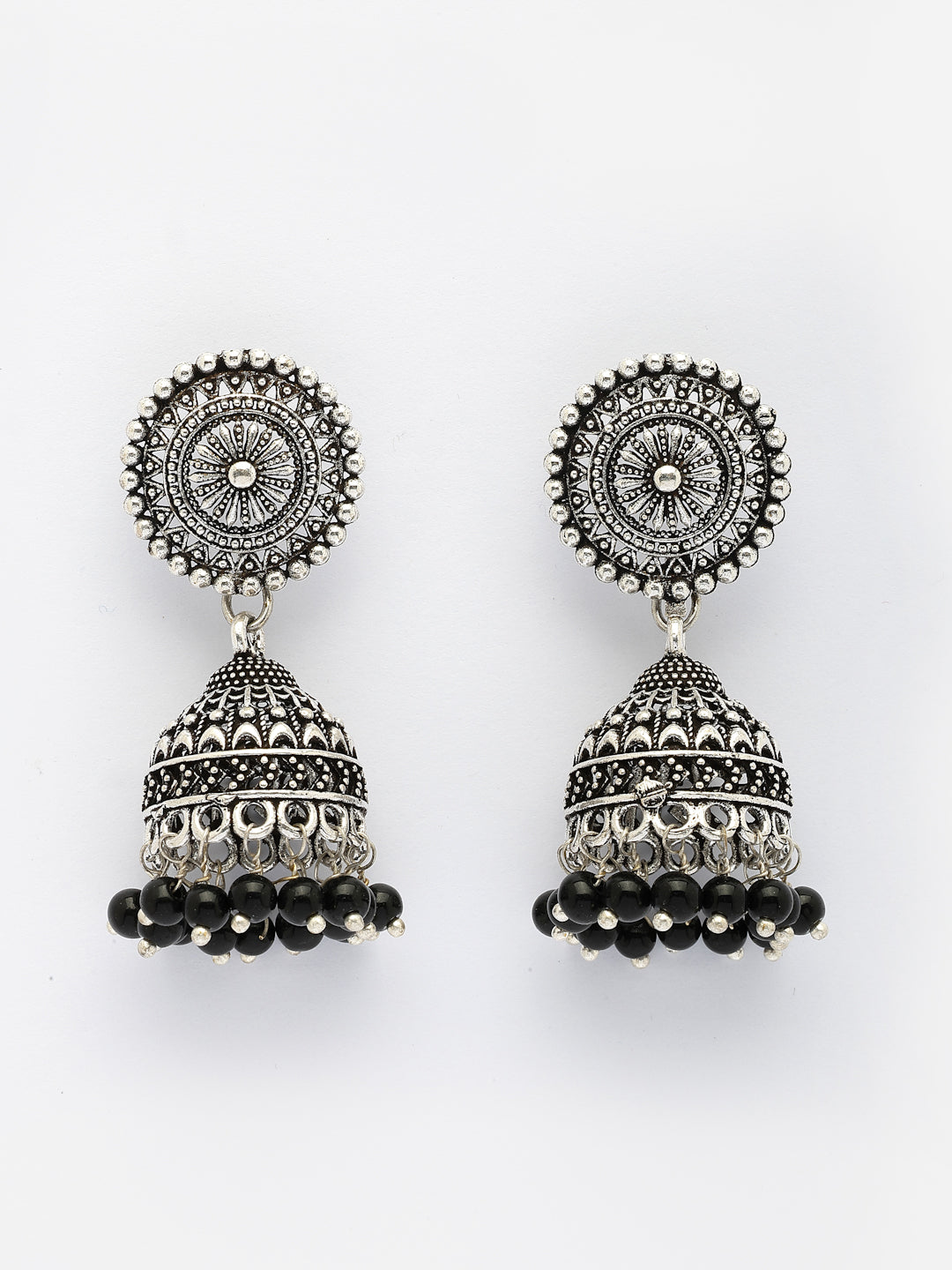 NVR Women's Set of 3 Traditional Silver Plated Oxidized Jhumka Earrings | Grocsy