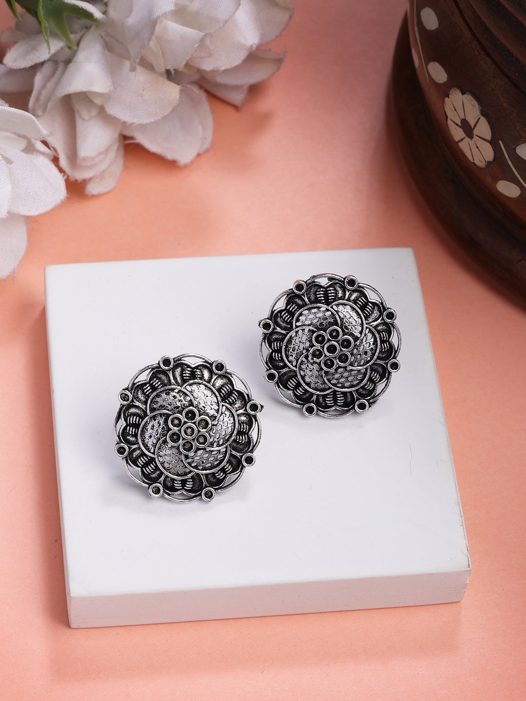 NVR Women's Set of 3 Silver Plated Oxidized Fashion Traditional Earrings | Grocsy