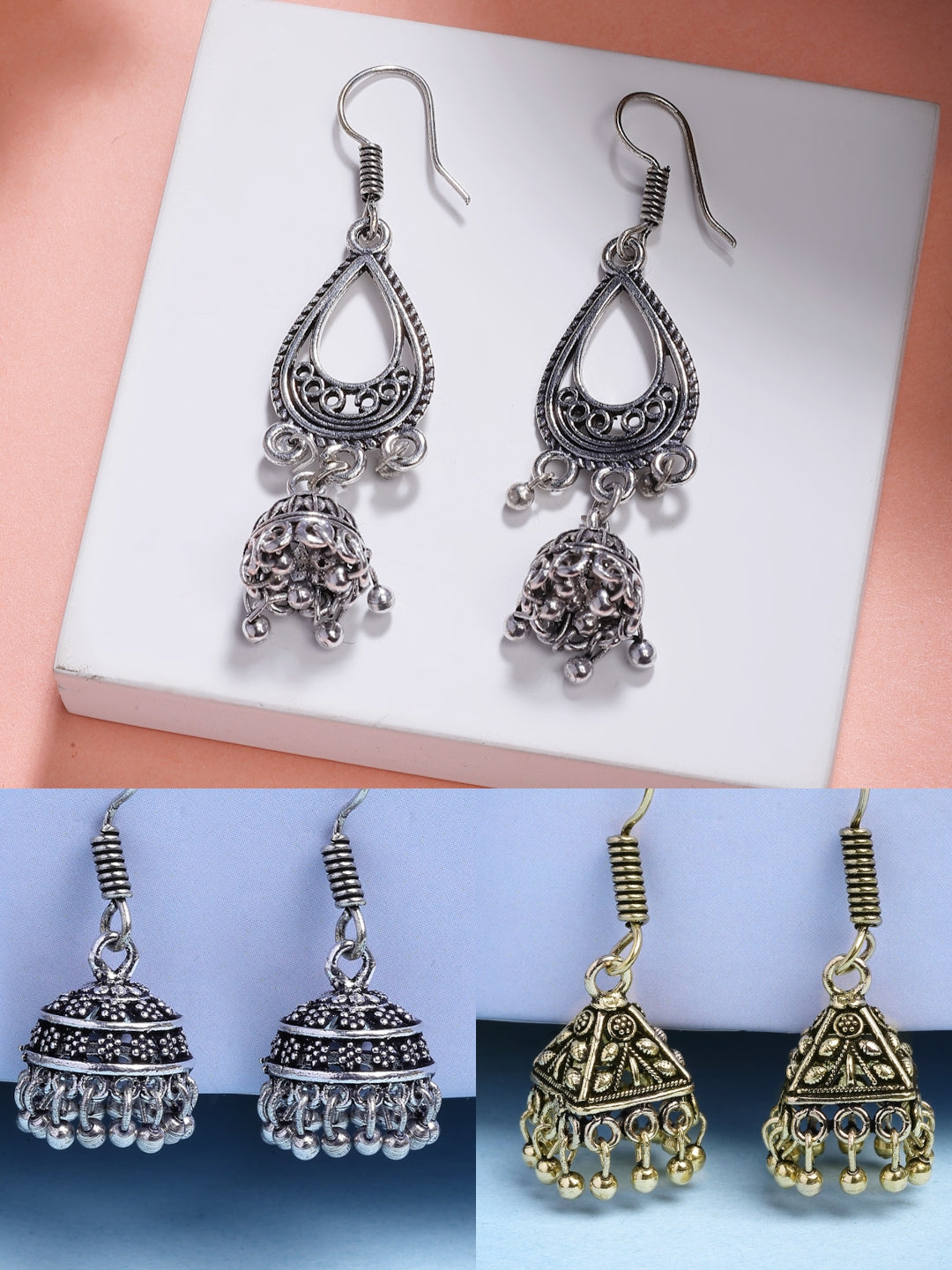 NVR Women Set of 3 Oxidized Traditional Fashion Earrings