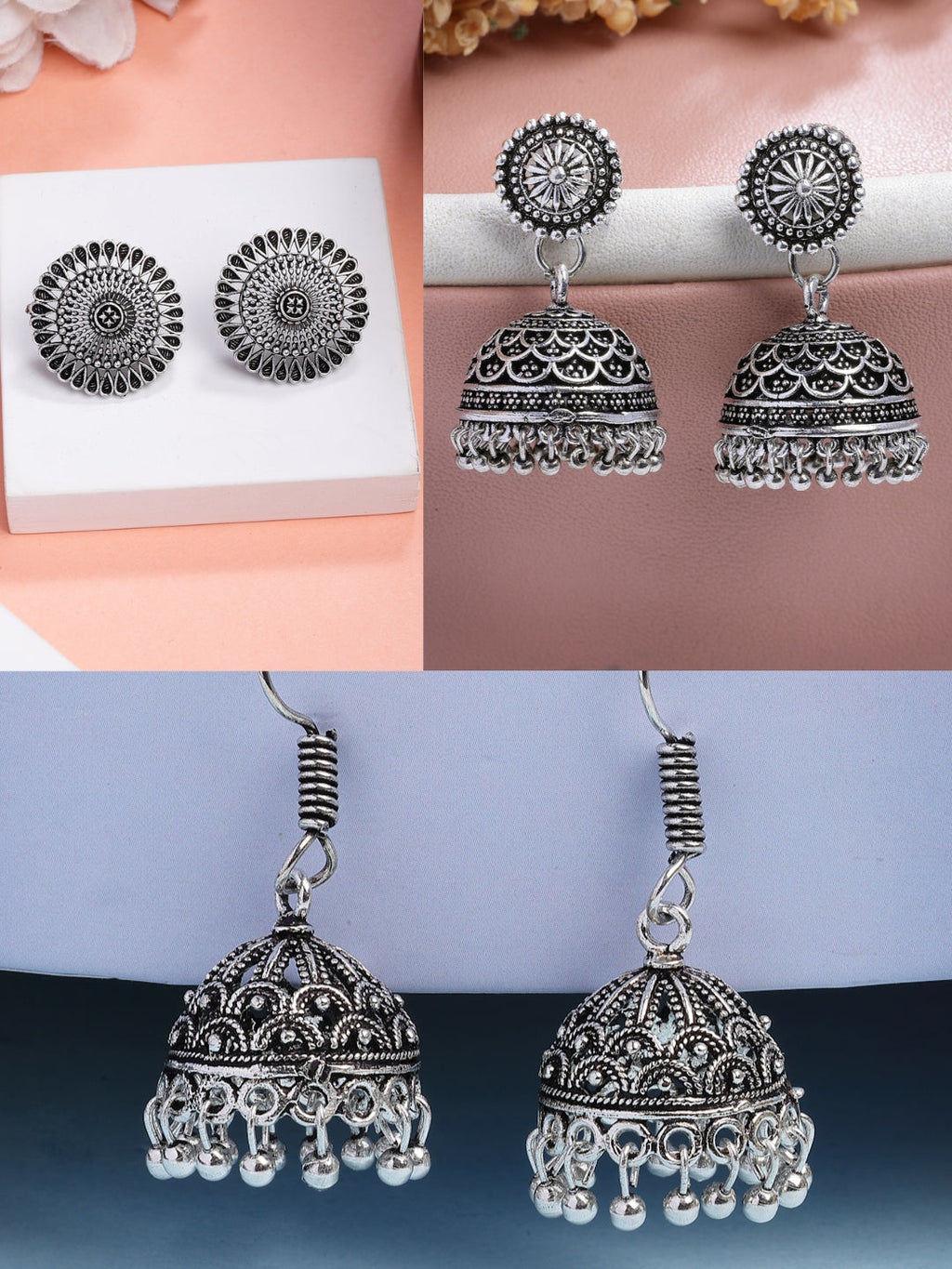 NVR Women Set of 3 Silver Plated Oxidized Traditional Jhumka & Stud Earrings | Grocsy