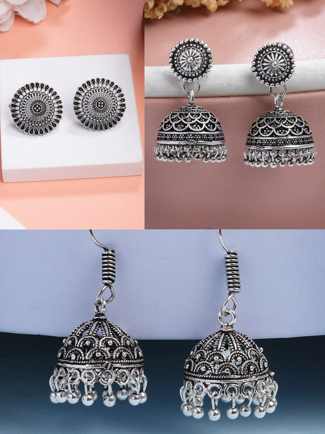 NVR Women Set of 3 Silver Plated Oxidized Traditional Jhumka & Stud Earrings | Grocsy
