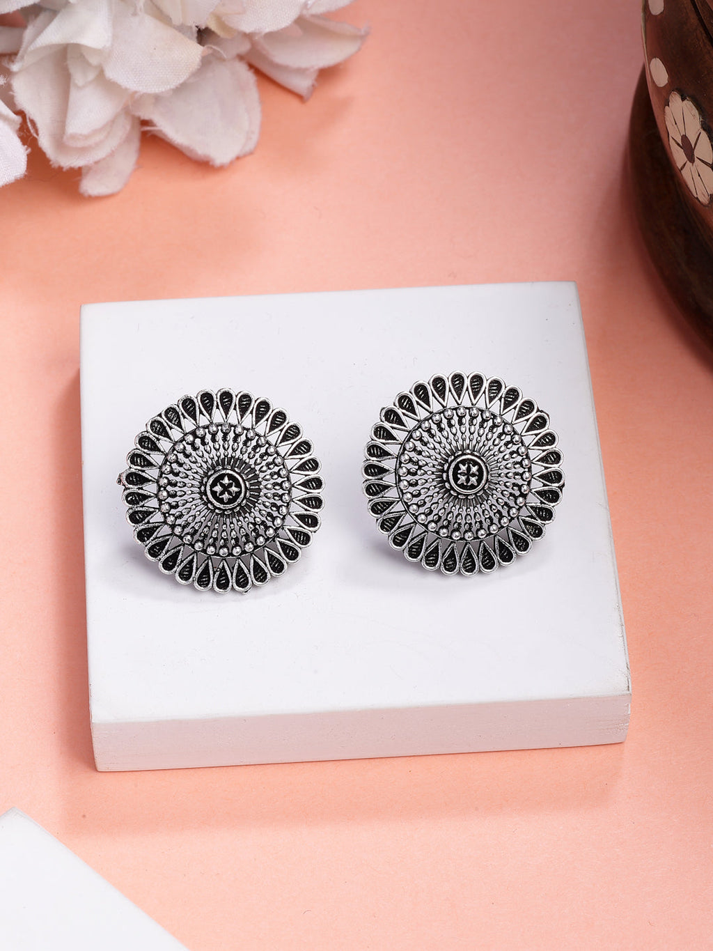 NVR Women Set of 3 Silver Plated Oxidized Traditional Jhumka & Stud Earrings | Grocsy