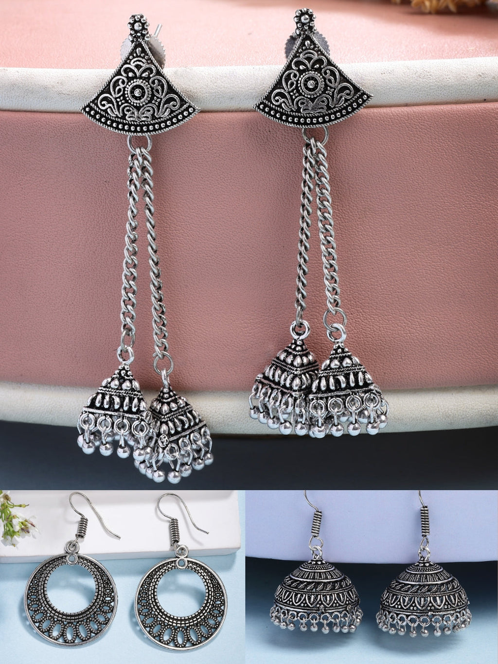 NVR Women Ethnic Set of 3 Oxidized Silver-Plated Jhumka & Chandbali Earrings | Grocsy