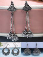 NVR Women Ethnic Set of 3 Oxidized Silver-Plated Jhumka & Chandbali Earrings | Grocsy