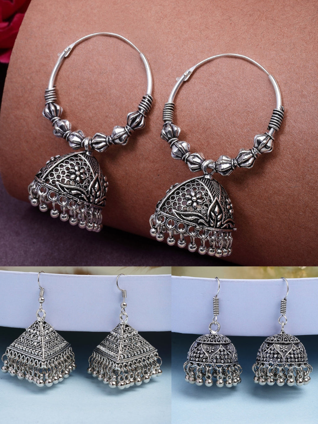 NVR Women's Set of 3 Silver Plated Oxidized Contemporary Jhumka Earrings | Grocsy