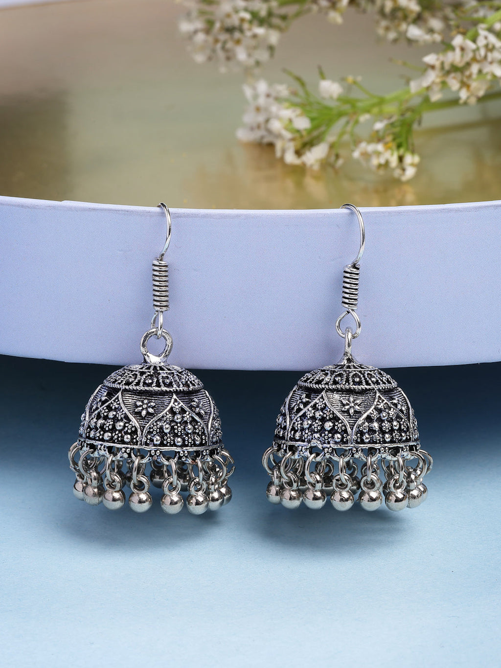 NVR Women's Set of 3 Silver Plated Oxidized Contemporary Jhumka Earrings | Grocsy