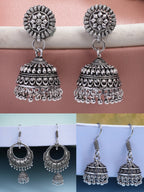 NVR Women Set of 3 Silver Plated Oxidized Traditional Jhumka Earrings
