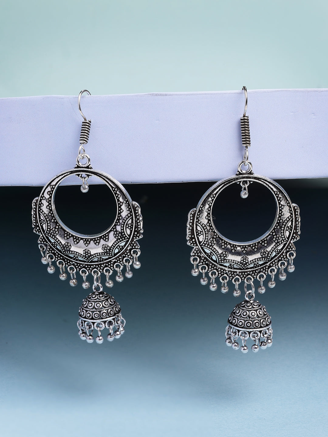 NVR Women Set of 3 Silver Plated Oxidized Traditional Jhumka Earrings