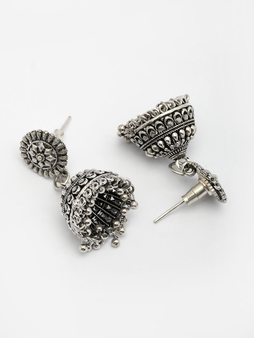 NVR Women Set of 3 Silver Plated Oxidized Traditional Jhumka Earrings