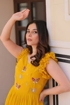 Vastranavya Yellow Faux Blooming With Sequins Multithreaded Beads Embroidered work Gown | Grocsy