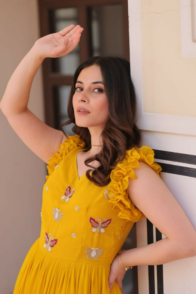 Vastranavya Yellow Faux Blooming With Sequins Multithreaded Beads Embroidered work Gown | Grocsy