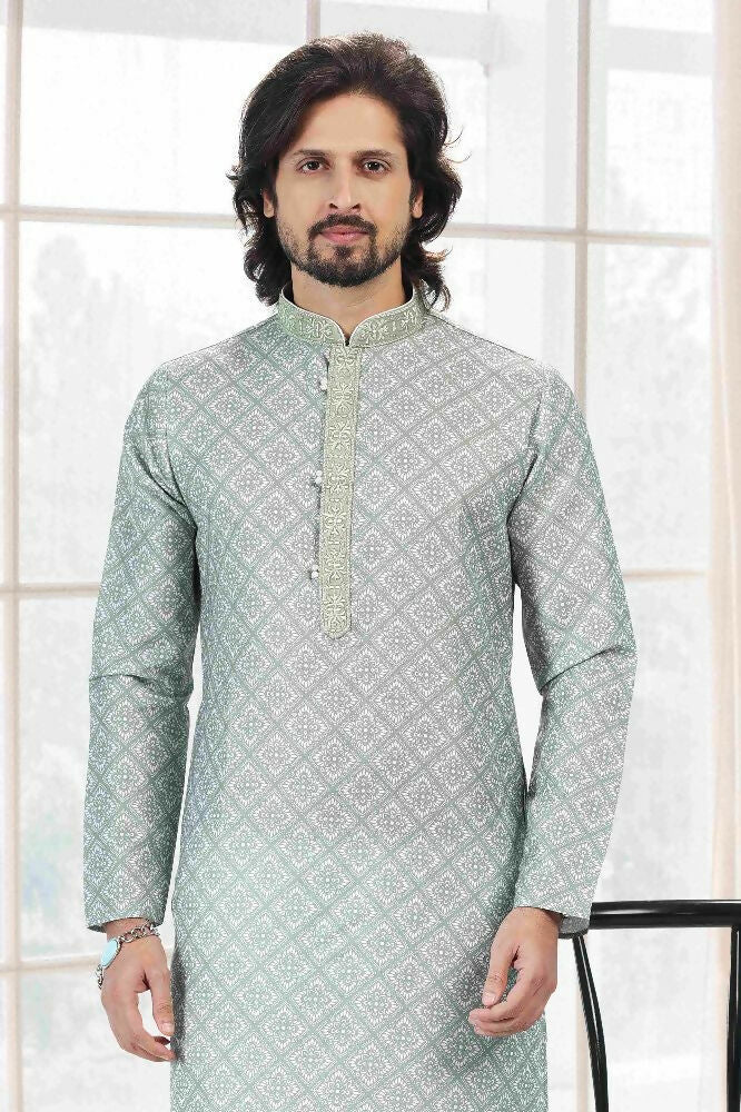 Raivat Ethnic Cotton Thread Work Kurta Pajama In Light Green Colour | Grocsy