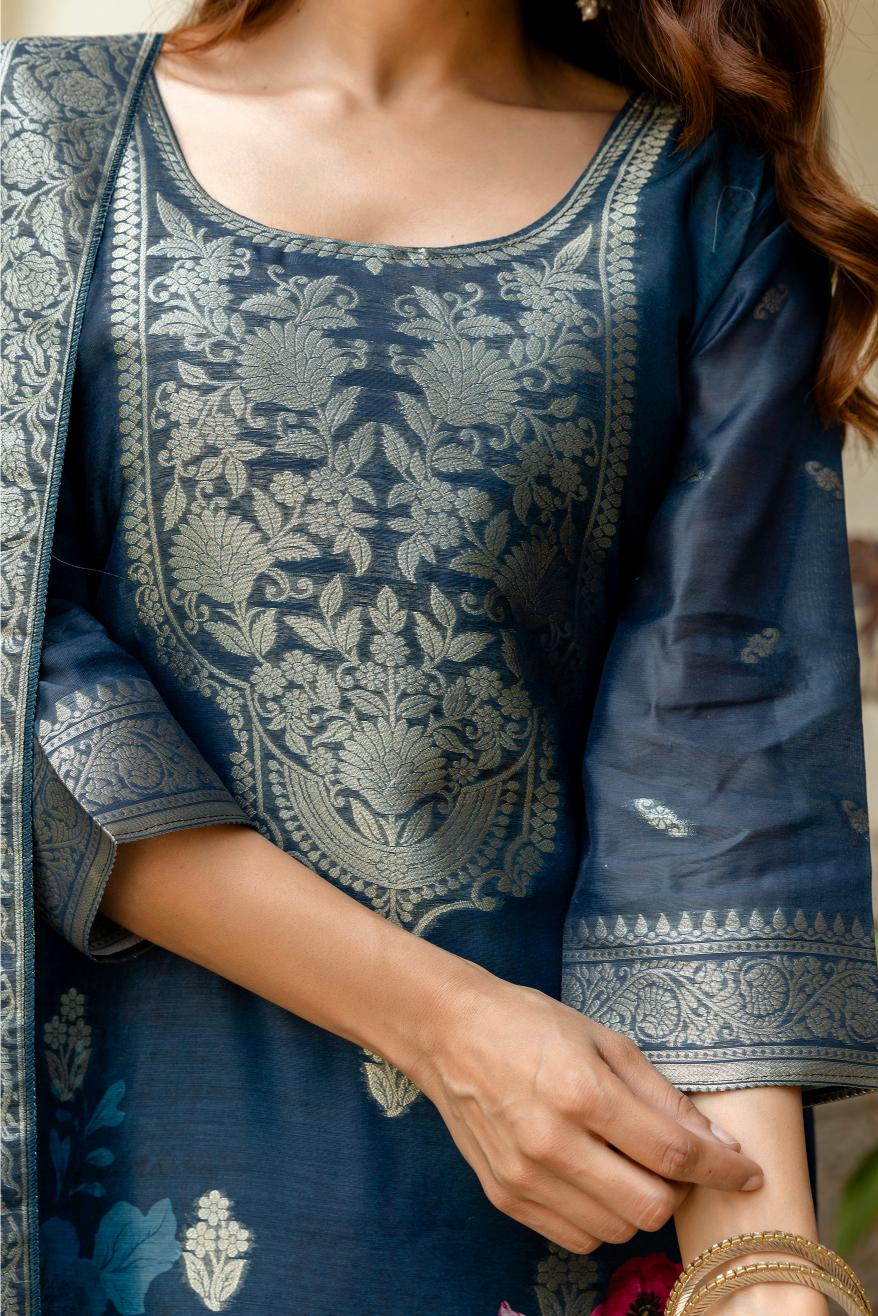 The52 Women Gorgeous Chanderi Cotton Fabric Straight Kurta, Pant and Dupatta Set | Grocsy
